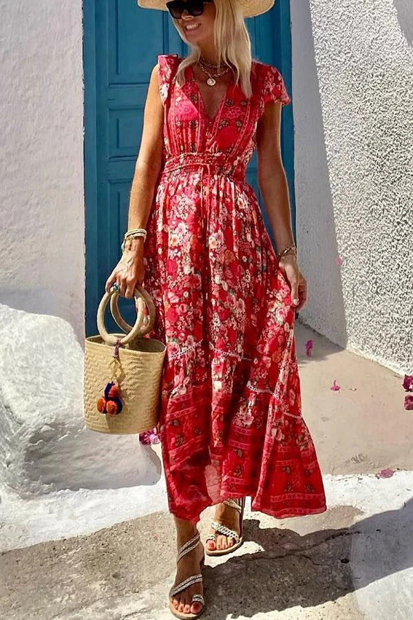 Oriana® | Summer in Greece boho print, ruffle sleeves, elastic waist, high-low midi dress