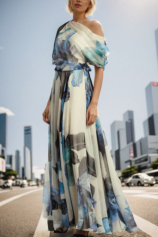 Sandy® | Unique printed bohemian short sleeve one shoulder maxi dress