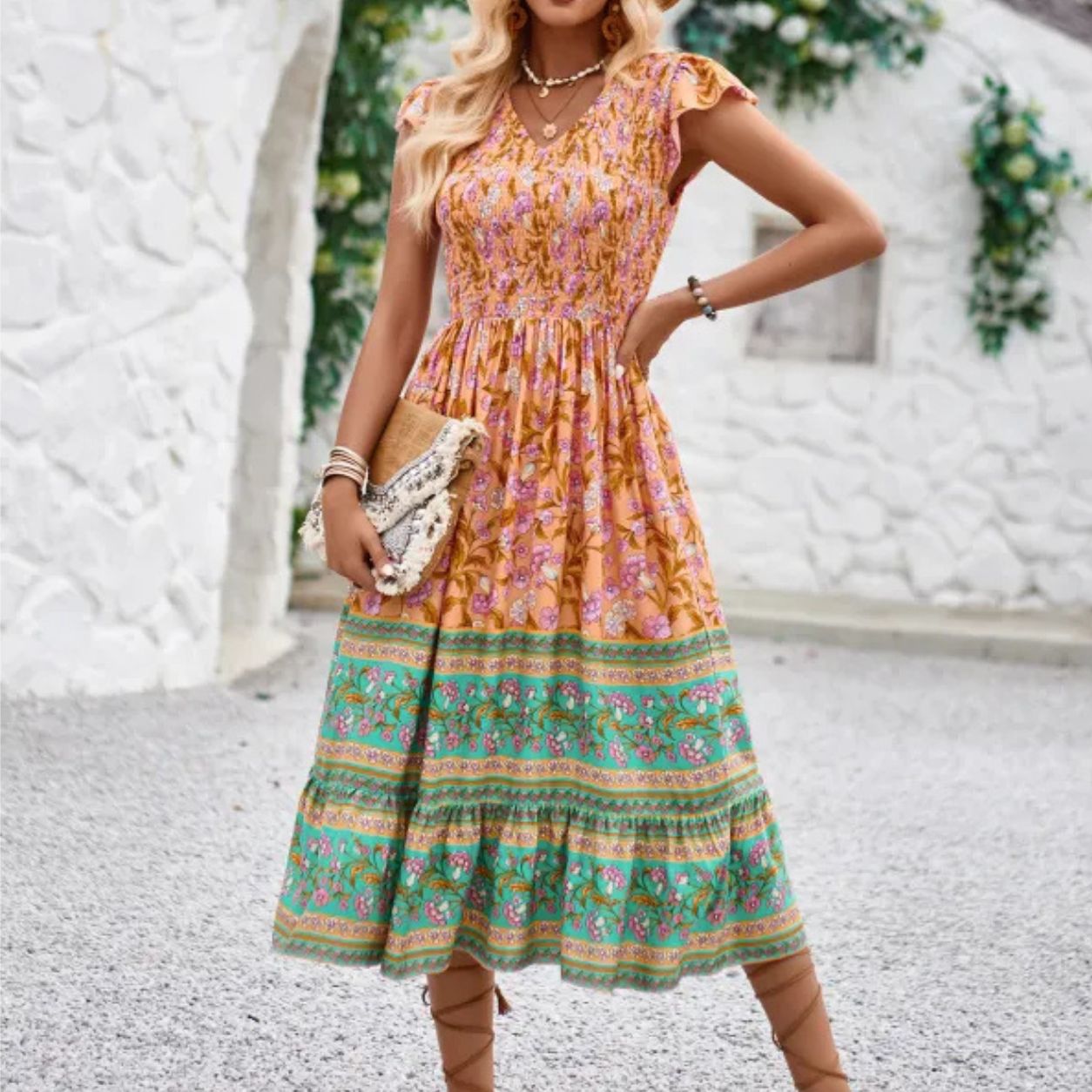 Lucia Floral V-Neck Ruffle Beach Dress