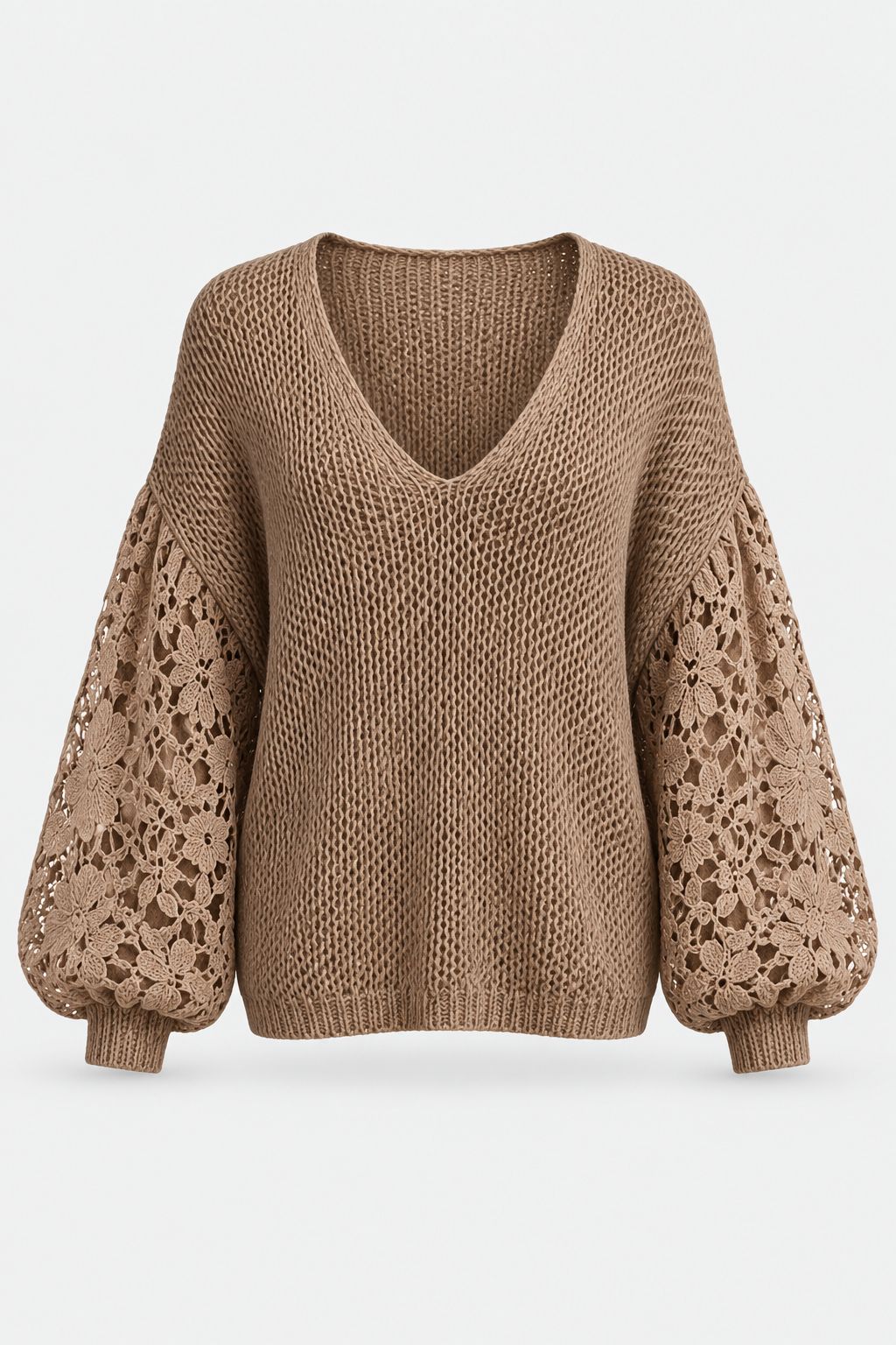 Lucinda® | Lace V-Neck Puff-Sleeve Sweater