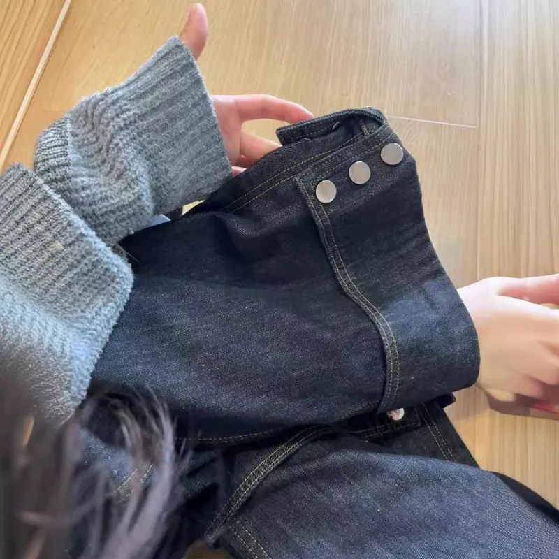 Women’s Retro Turn-Over Button Wide-Leg Denim Pants