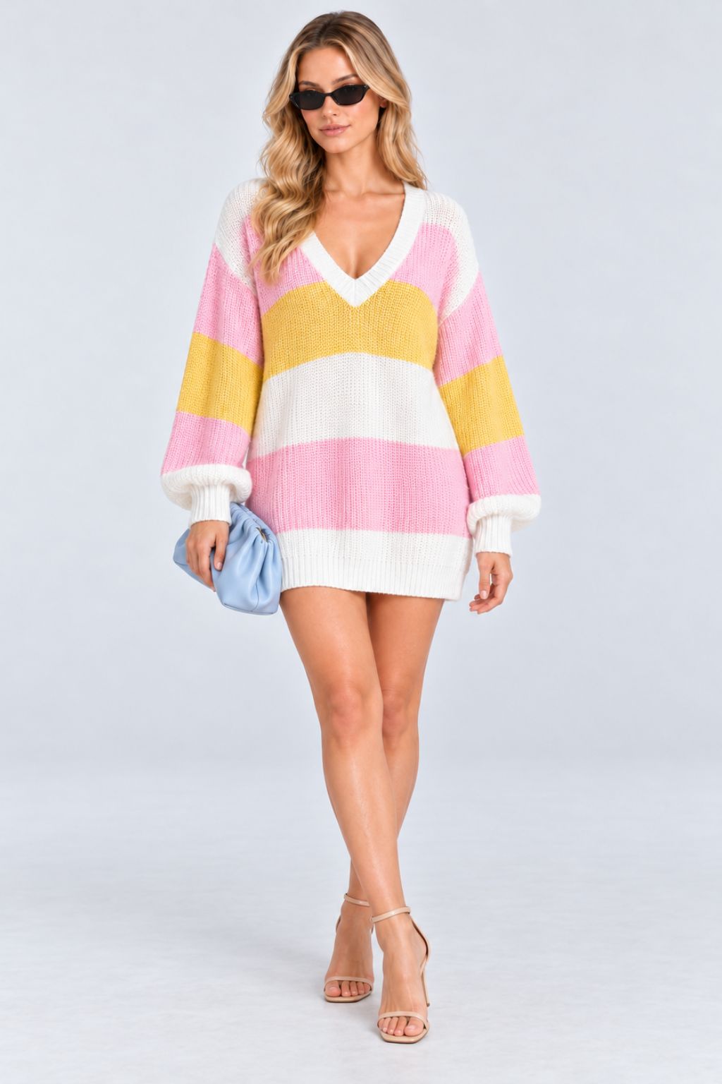 Iris® | Rainbow-Striped V-Neck Winter Knit Dress