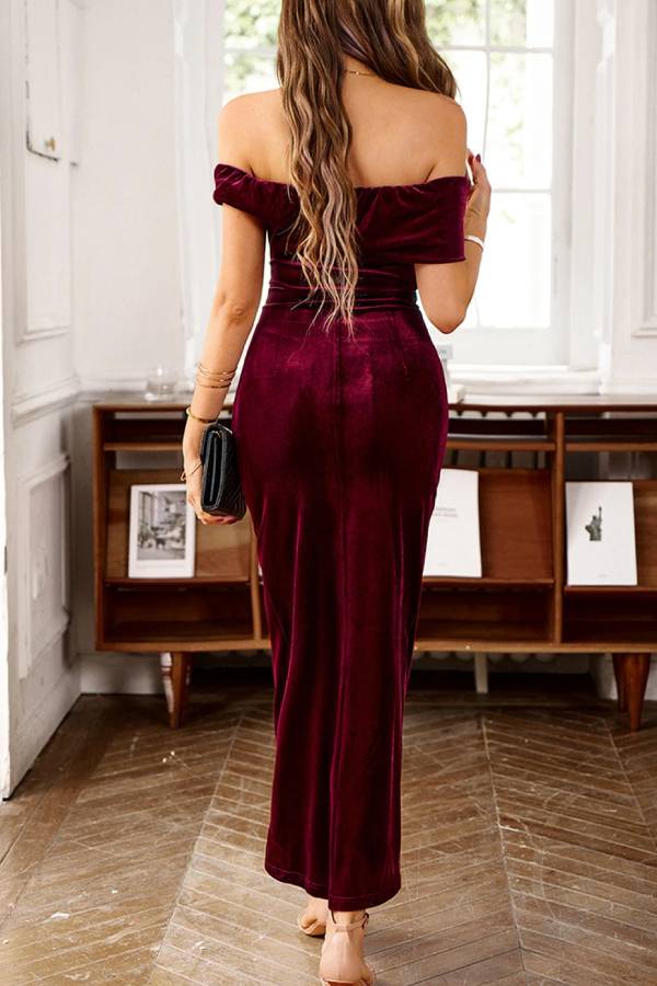 Marcella® | Off shoulder red dahlia velvet party dress