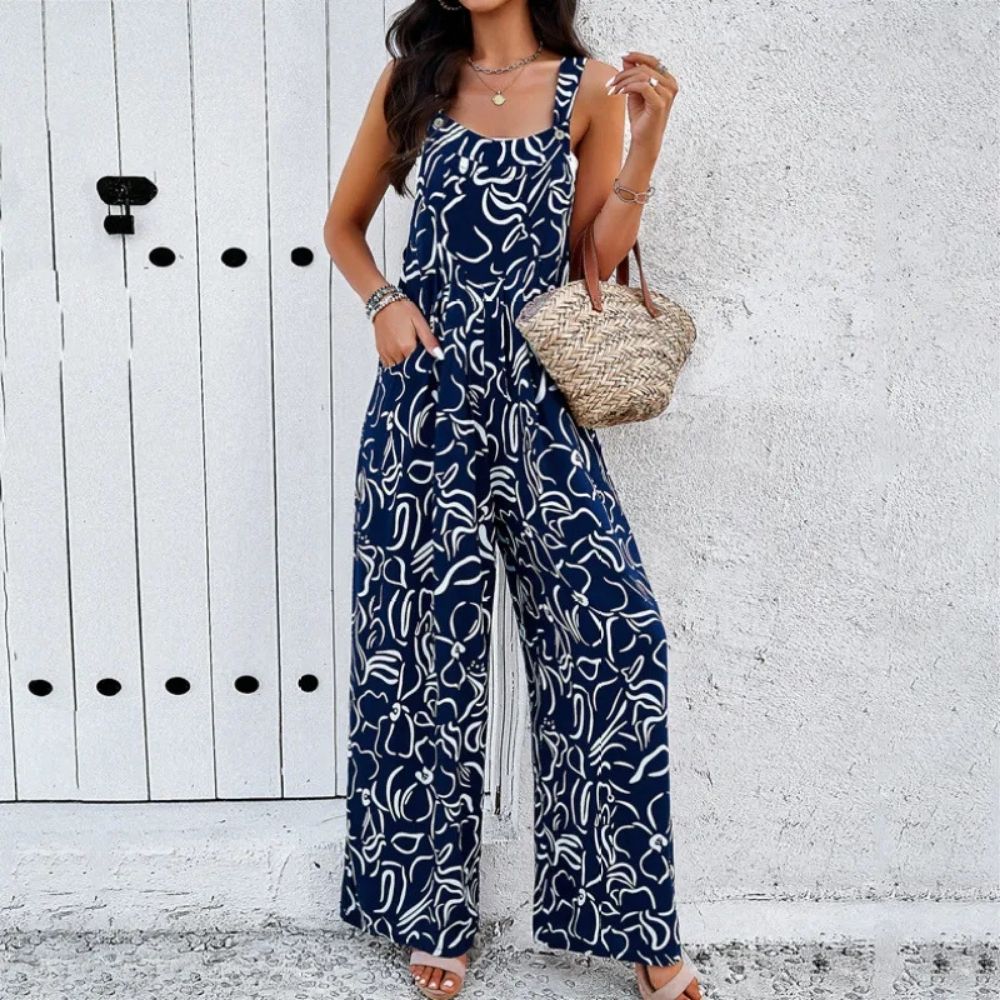 Sophia Summer Square Neck Print Jumpsuit with Pockets
