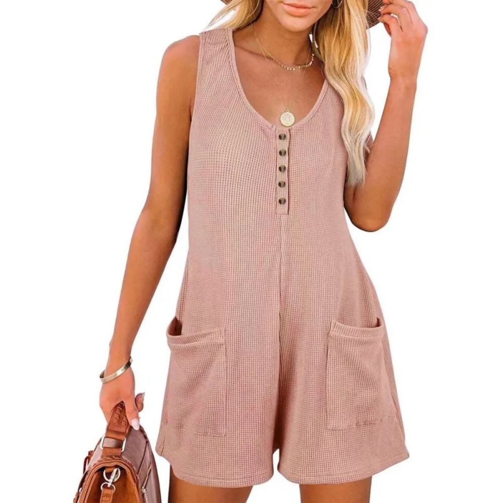 Casual Waffle Button Shorts Jumpsuit with Pockets