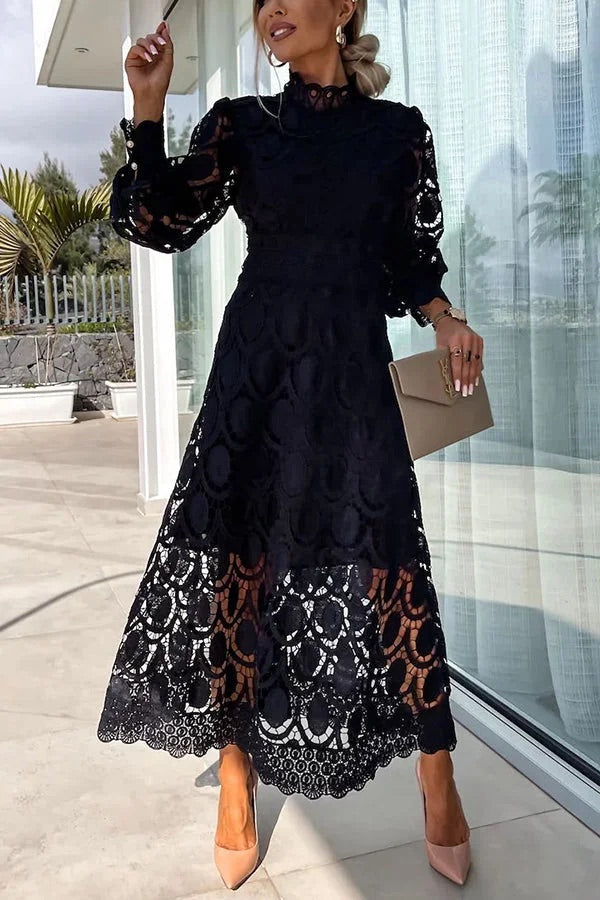 Francisca® | Romantic, sensual and elegant party midi dress with crochet lace and lantern sleeves
