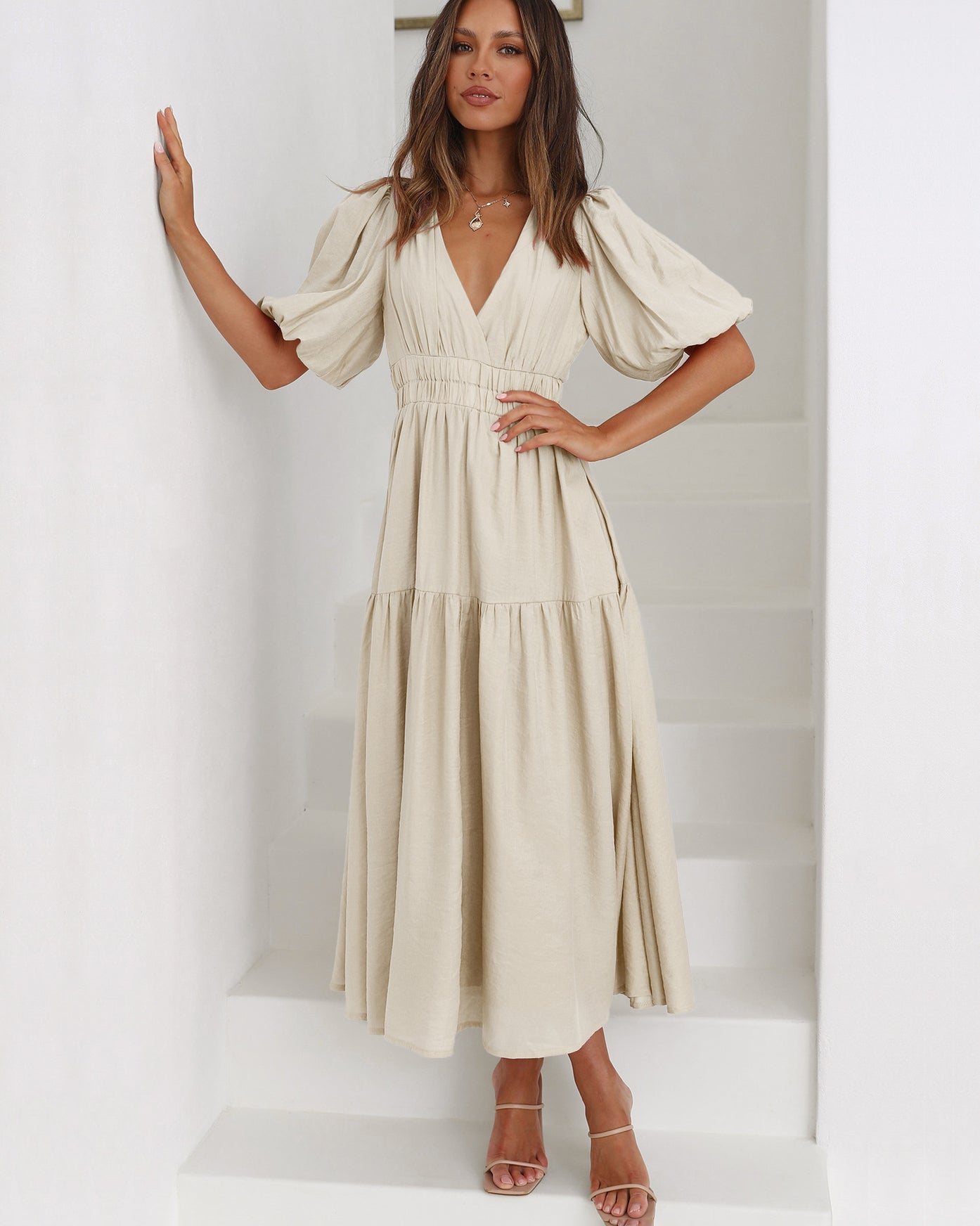 Claudia® | Ruffle midi dress with V-neck and puff sleeves