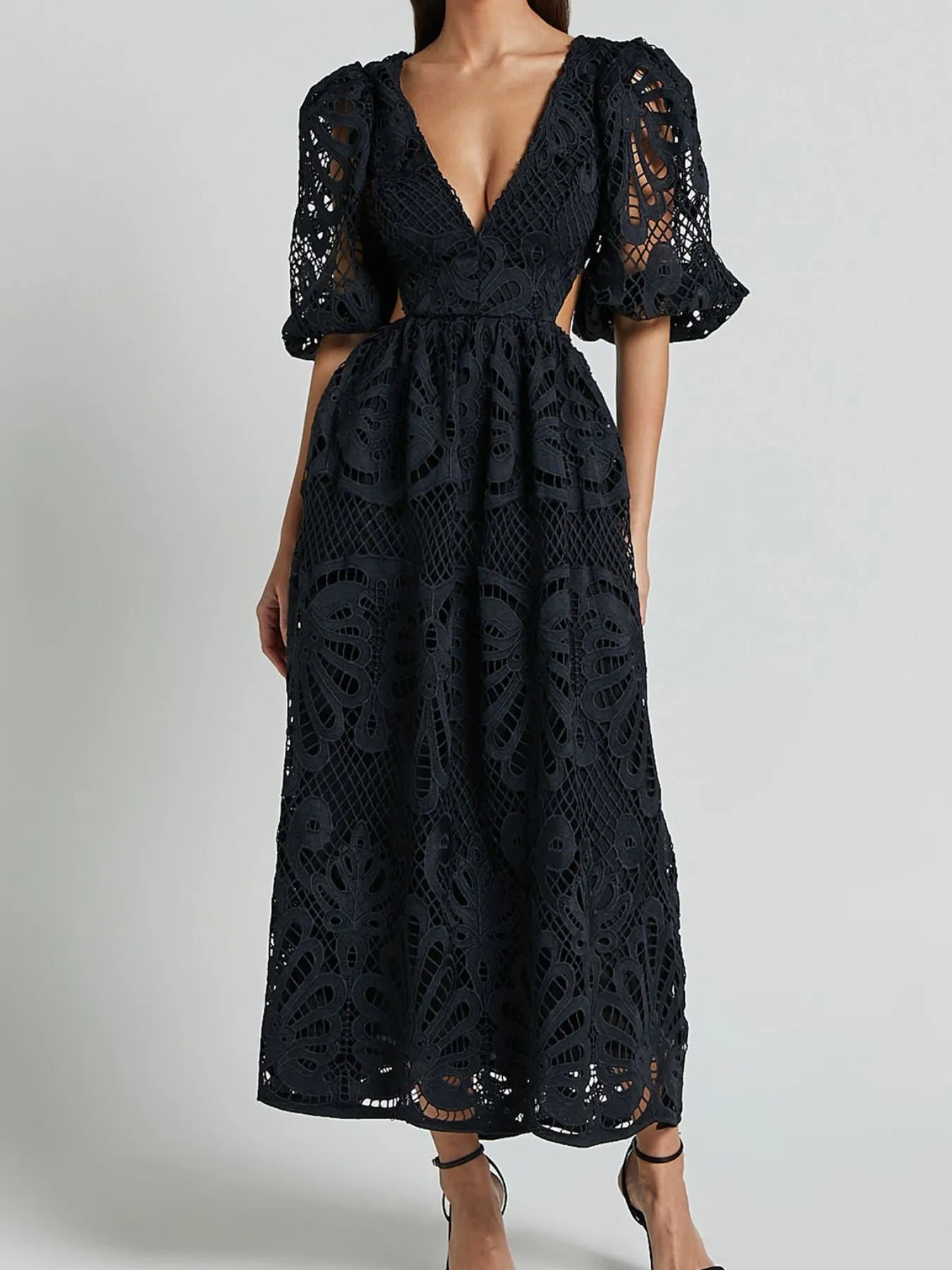 Rachele® | Elegant Long Lace Dress With V-Neck And Open Back