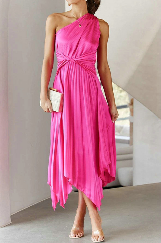 Claudia® | Elegant One-Shoulder Pleated Midi Dress