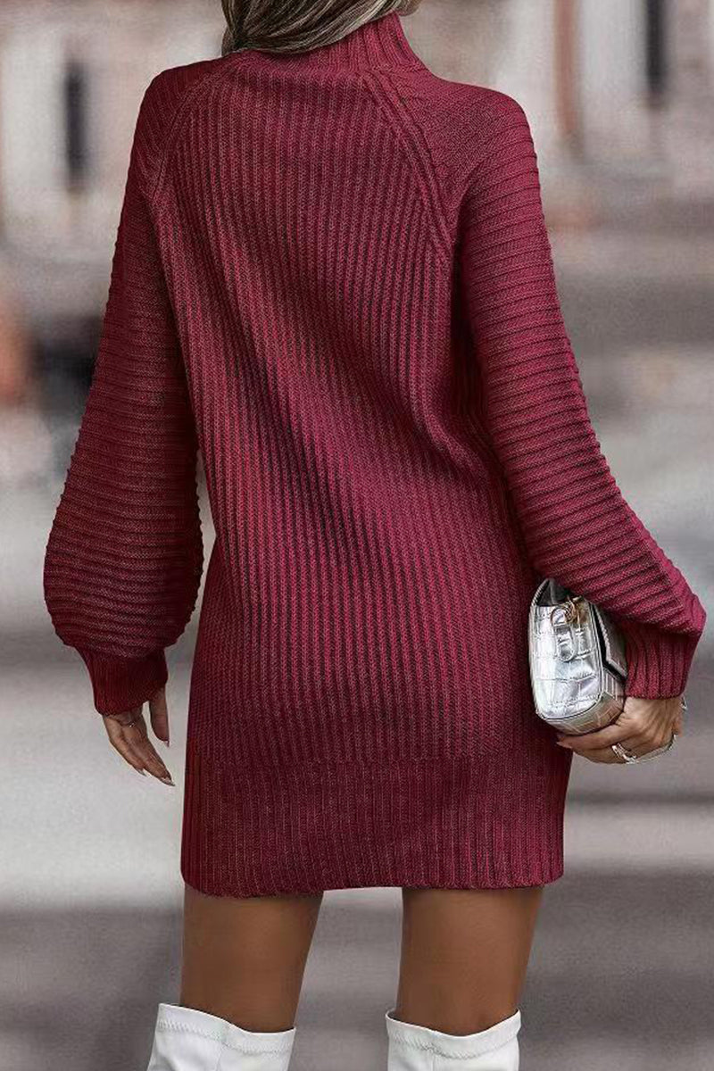 Sara | Casual solid patchwork dresses with turtleneck and one tier skirt