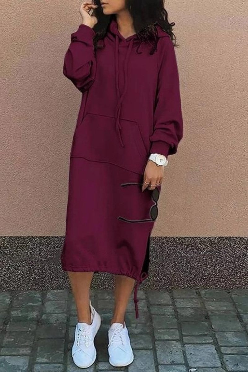 Genoveva | Casual solid patchwork dresses with hood and long sleeves
