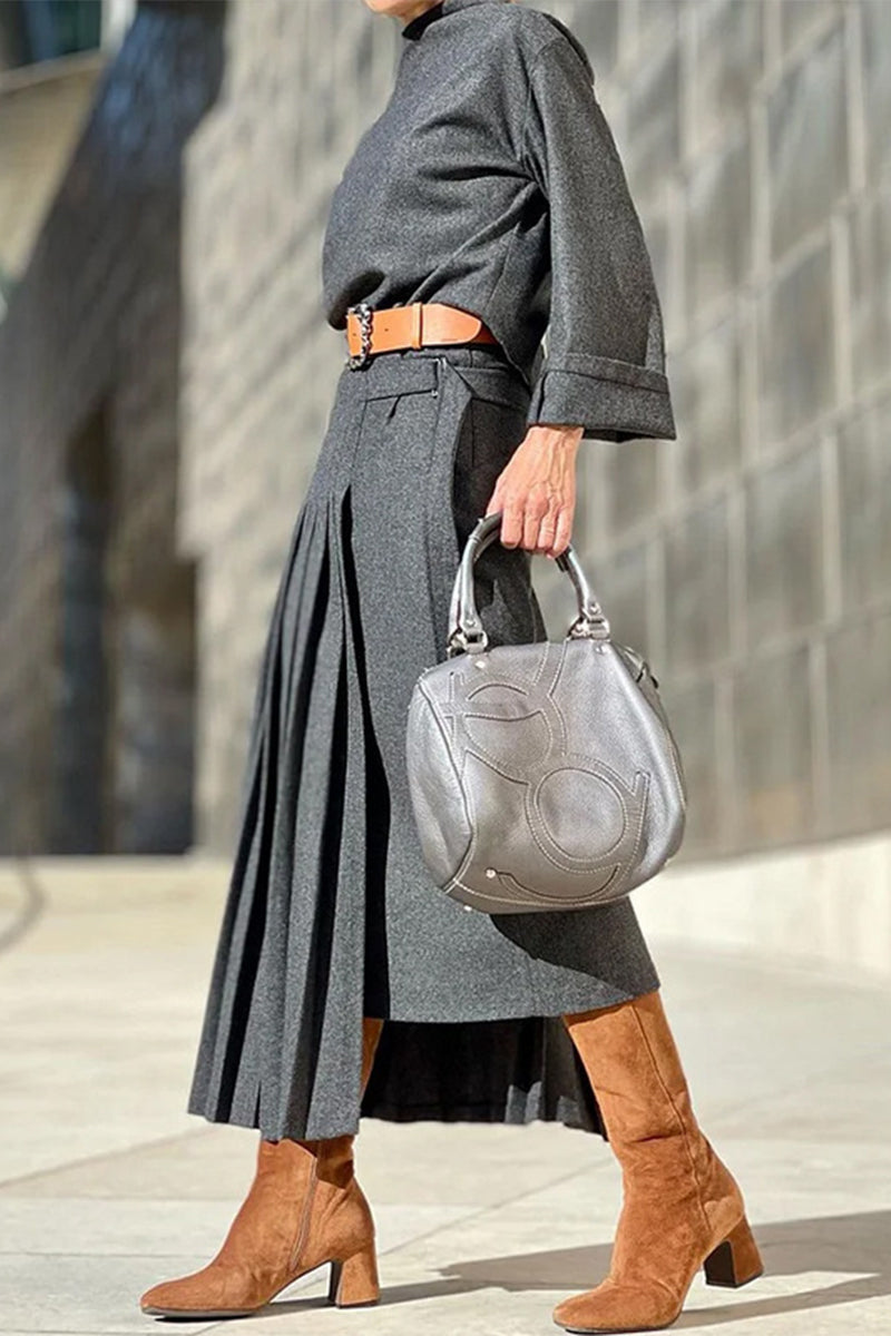 Natalia | Casual British style dresses with leopard pleat and belt, O-neck and waist skirt