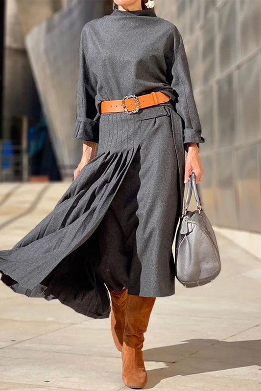 Natalia | Casual British style dresses with leopard pleat and belt, O-neck and waist skirt