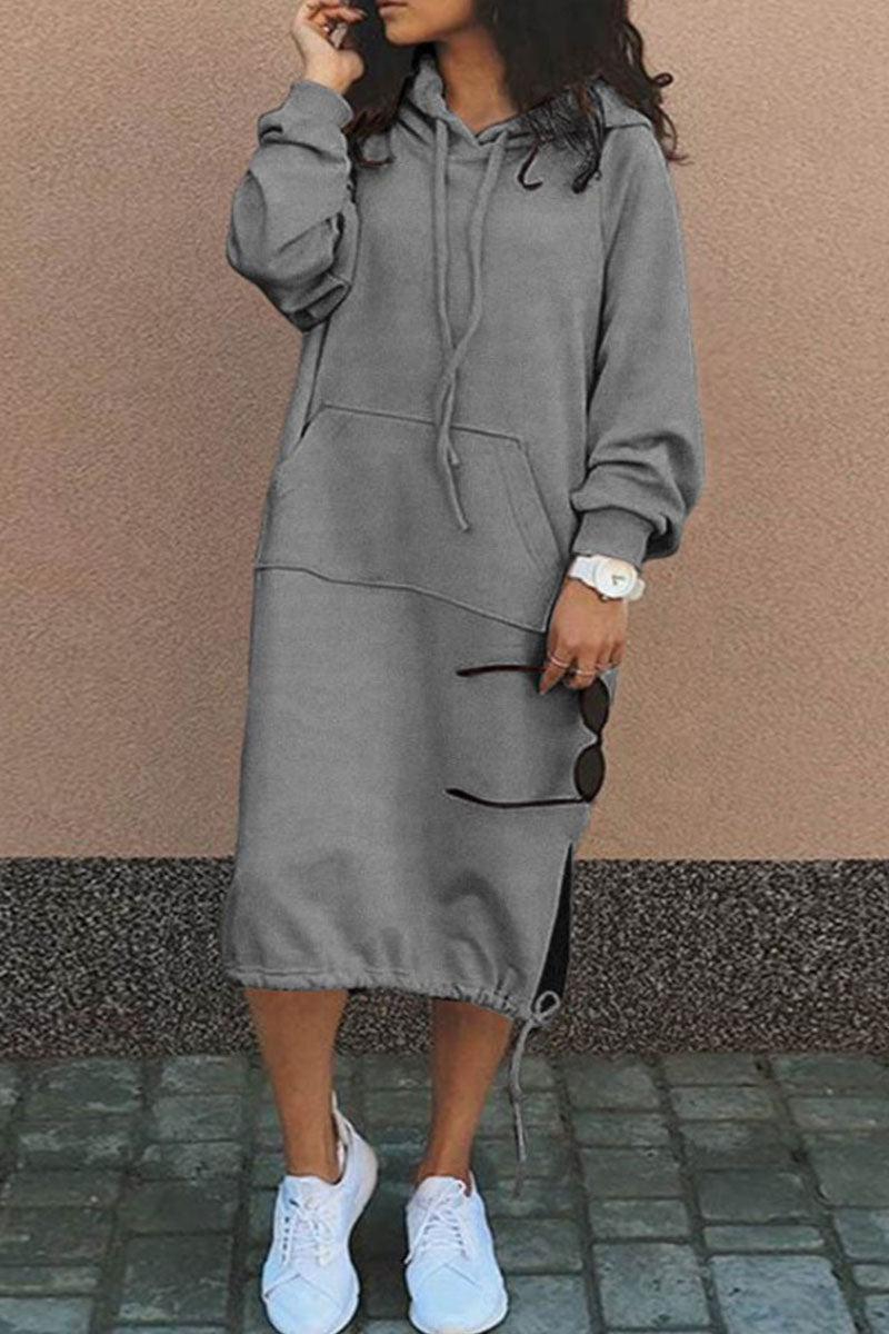 Genoveva | Casual solid patchwork dresses with hood and long sleeves
