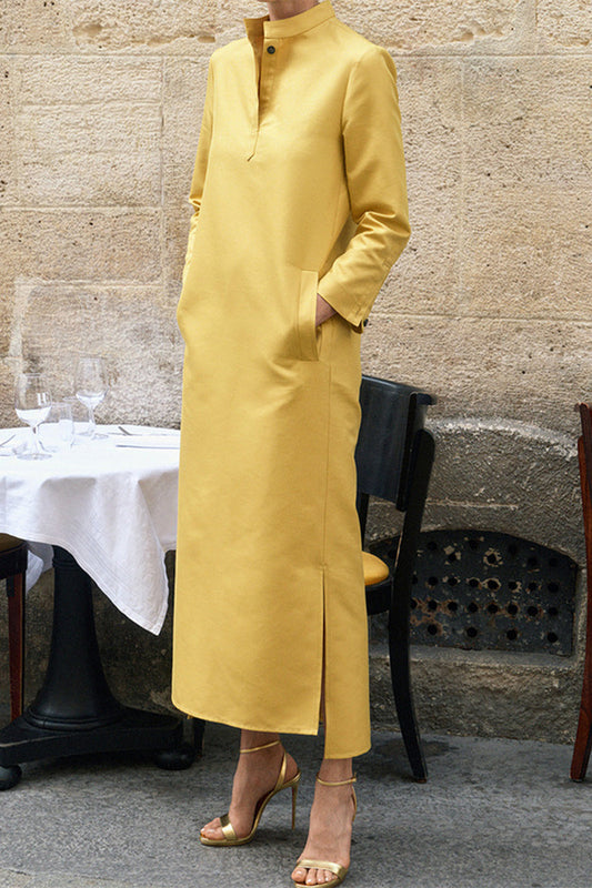 Zulema | Casual solid color long sleeve dresses with stand-up collar and pockets