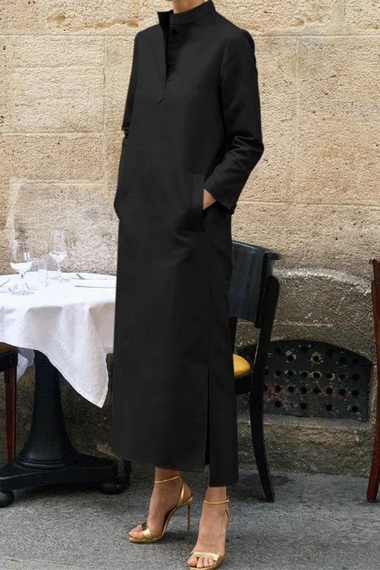 Zulema | Casual solid color long sleeve dresses with stand-up collar and pockets