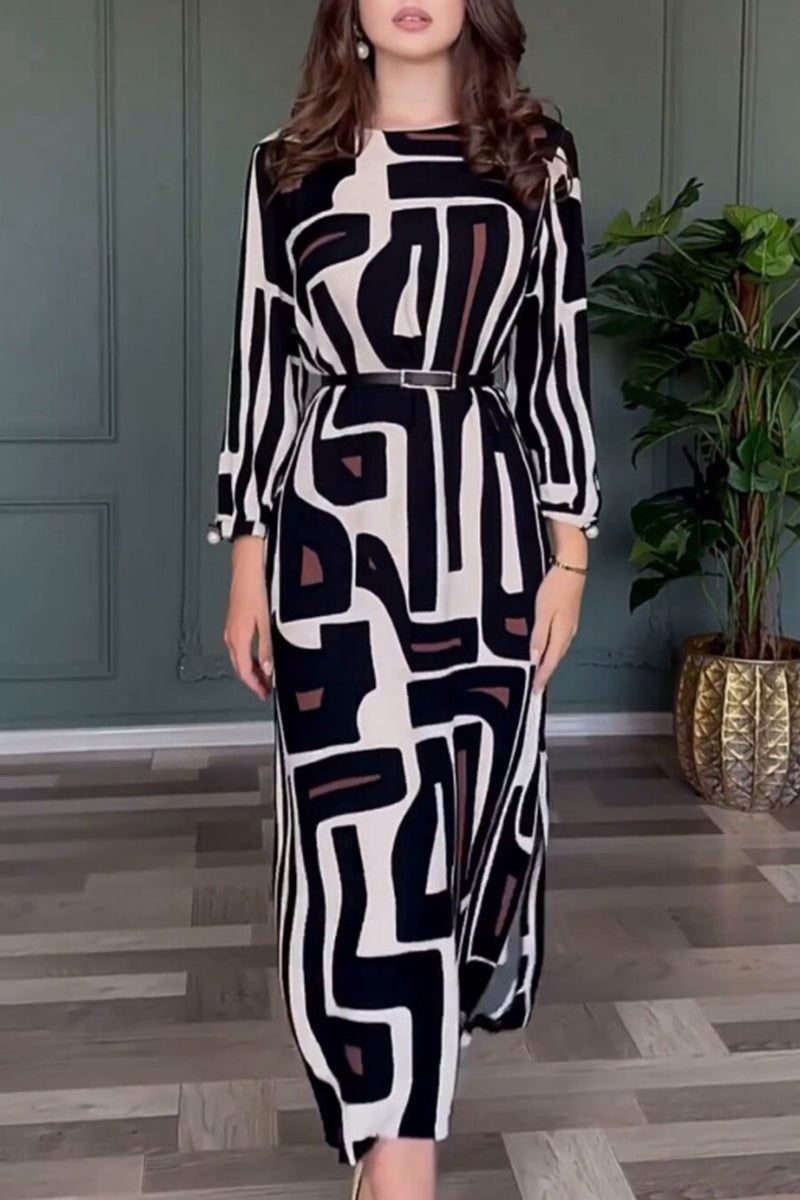 Alida | Vintage geometric print dress with slit and belt, O-neck, single tier skirt