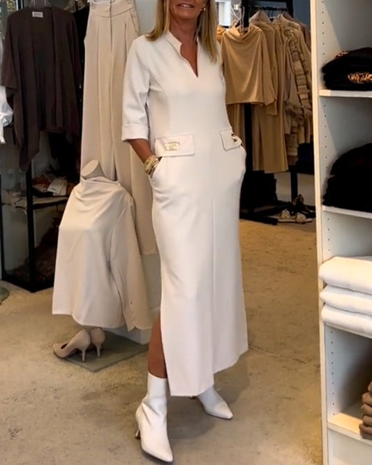 Magaly® | Solid Color Slit Dress With 3/4 Sleeves