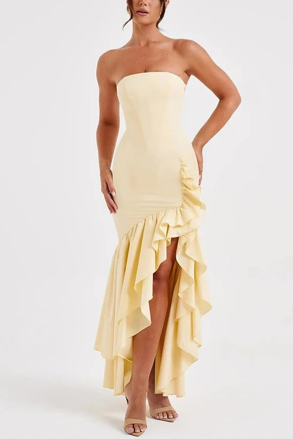 Lindsay® | Sexy off-shoulder maxi dress with a slim fit and irregular hem