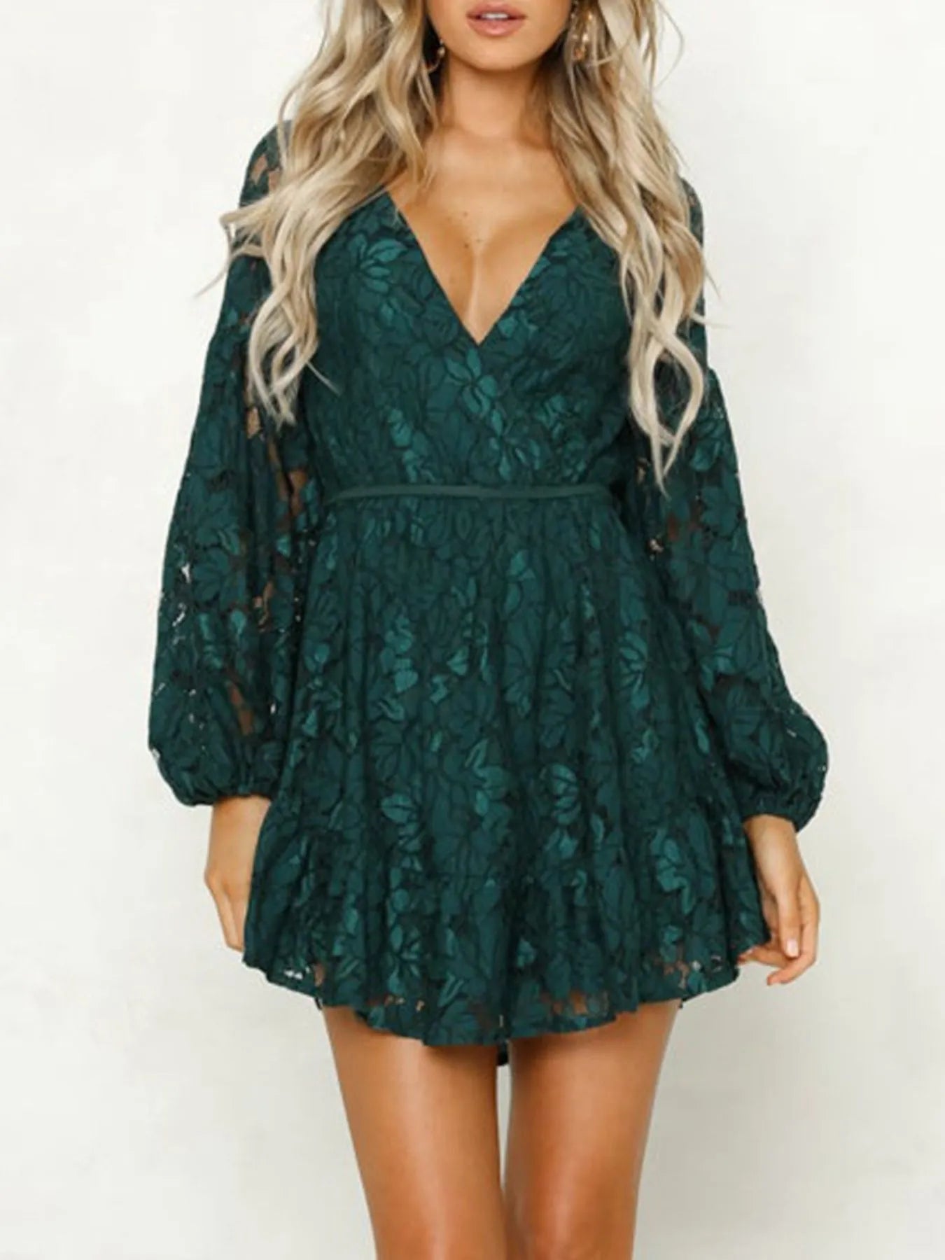 Petra® | Chic Long-Sleeved Lace Mini Dress With Deep V-Neckline