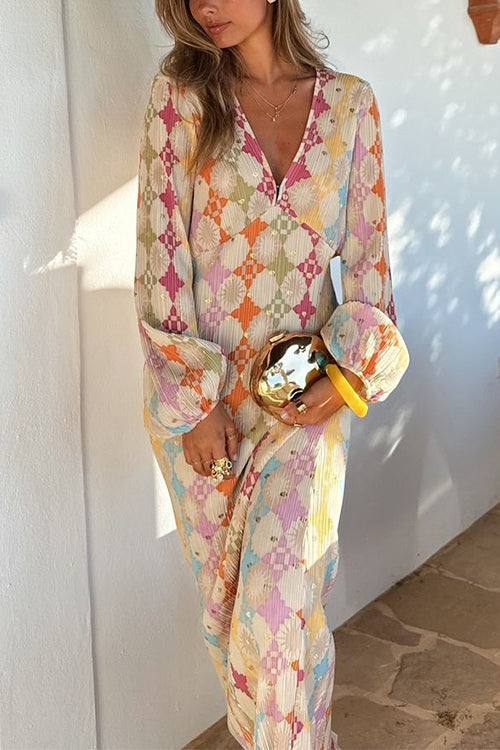 Yolanda® | V-Neck Lantern Sleeves Geometric Print Maxi Dress