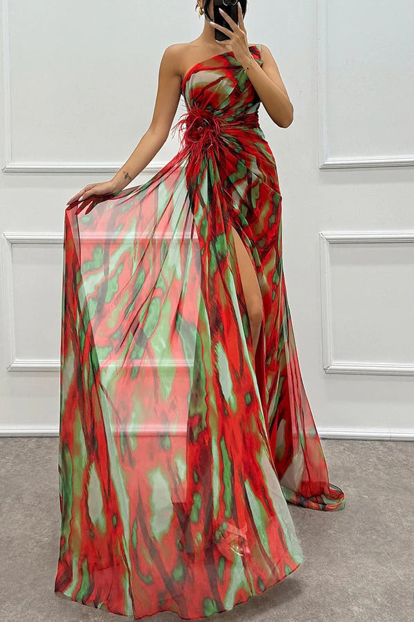 Renee® | Amazing Views off shoulder pleated slit maxi dress with feather rose detail in watercolor print