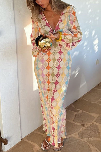 Yolanda® | V-Neck Lantern Sleeves Geometric Print Maxi Dress