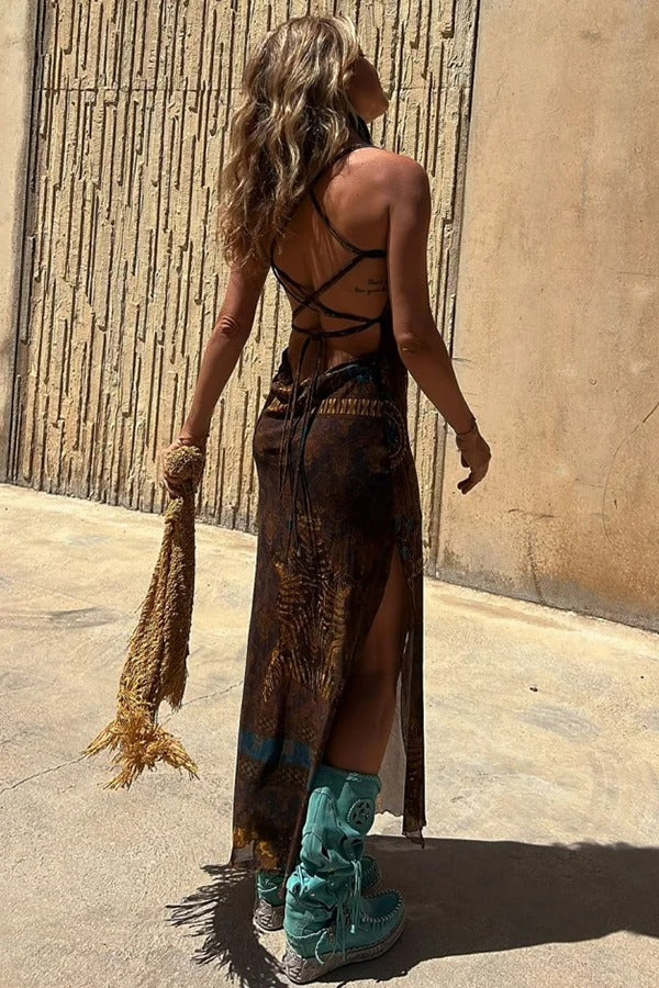 Griselda® | Midi dress with a unique gypsy style print, cowl neckline at the back, lace-up fastening and slit