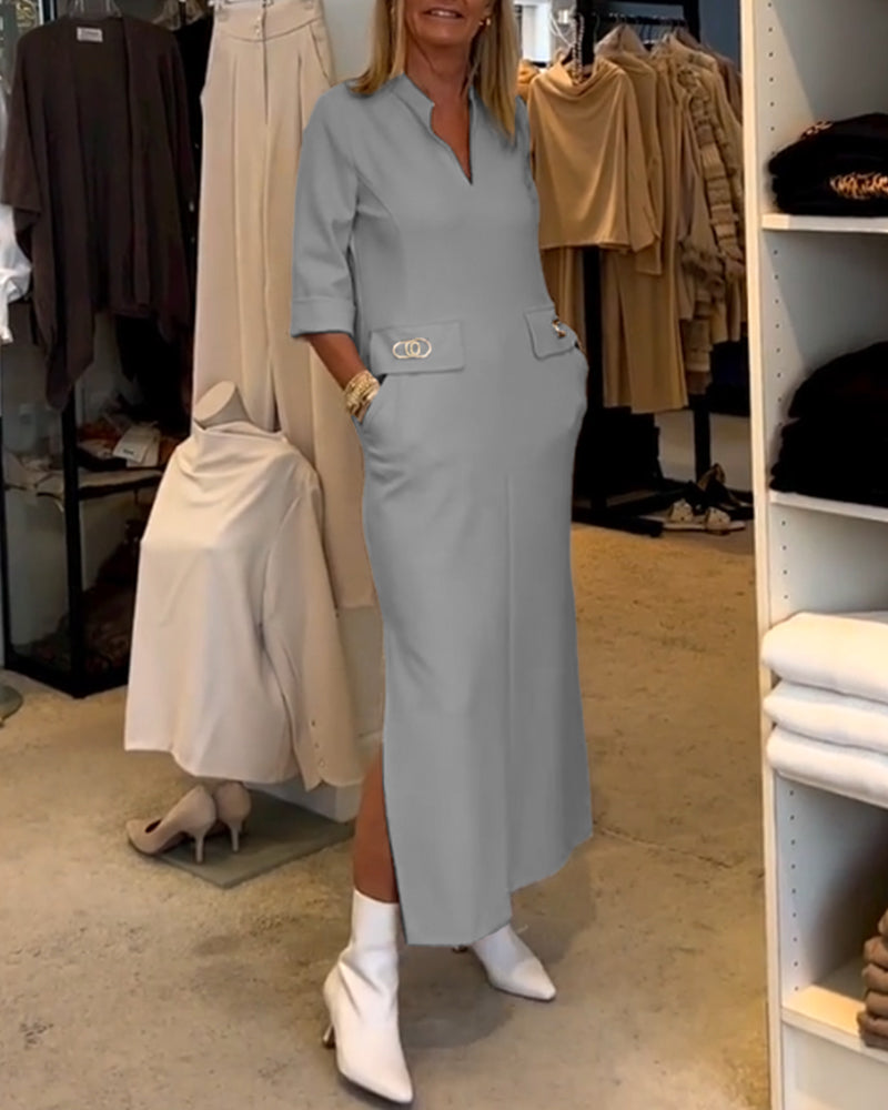 Magaly® | Solid Color Slit Dress With 3/4 Sleeves