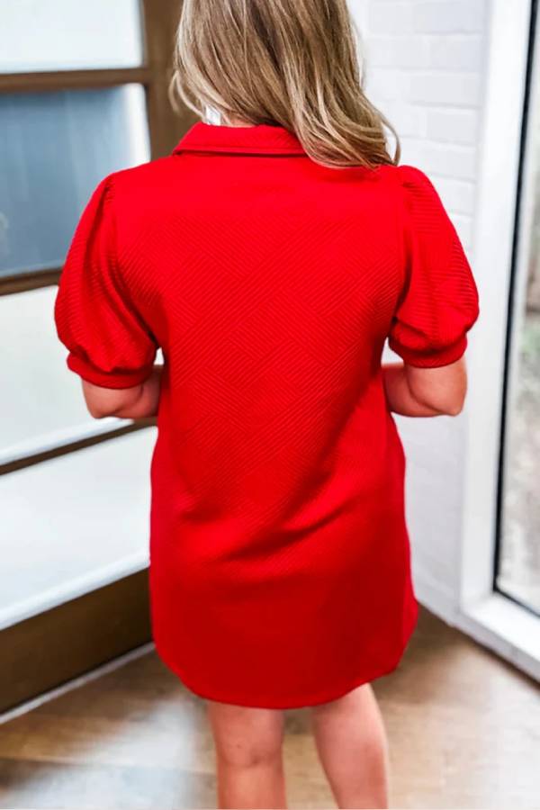 Audrey® | Fiery red structured mini dress with V-neck and puff sleeves