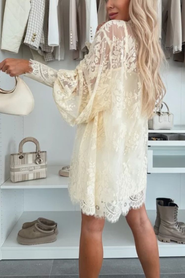 Iliana® | Night Rose A-line mini dress with lace bow and long balloon sleeves