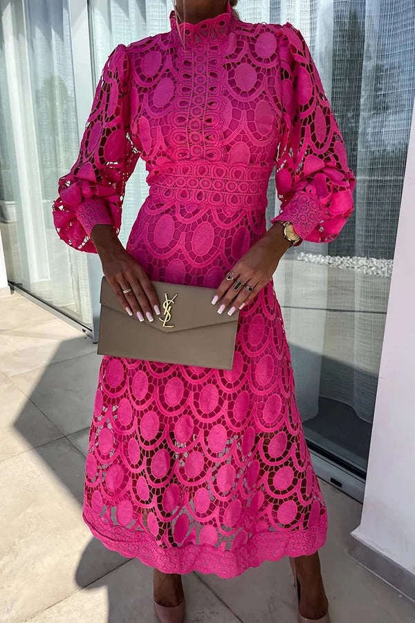 Francisca® | Romantic, sensual and elegant party midi dress with crochet lace and lantern sleeves
