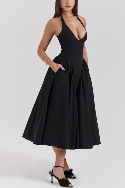 Lilly® | Solid A-line halter midi dresses with deep V-neck