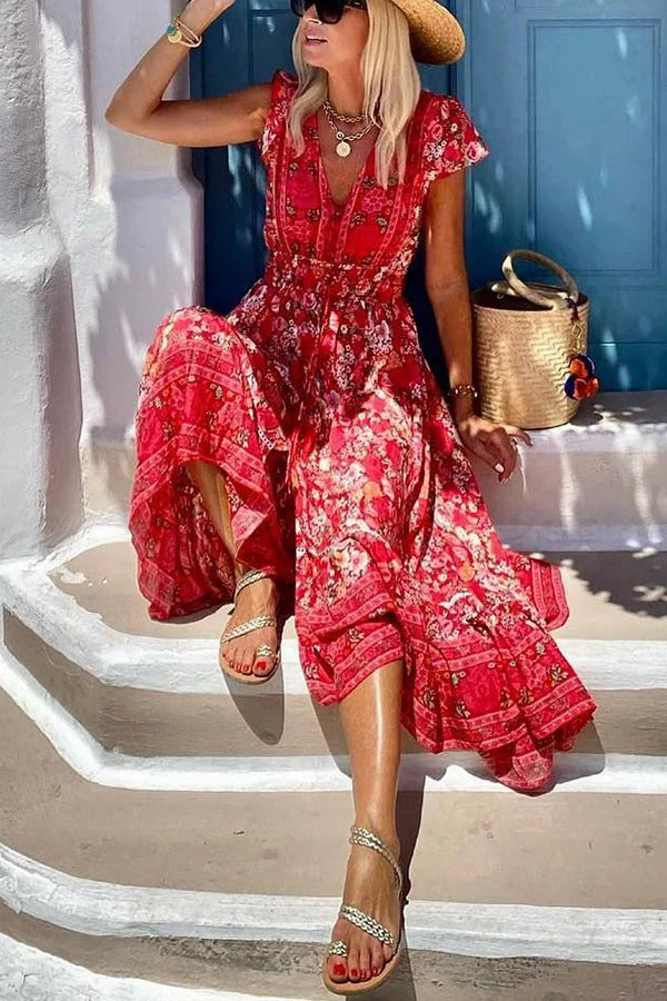 Oriana® | Summer in Greece boho print, ruffle sleeves, elastic waist, high-low midi dress