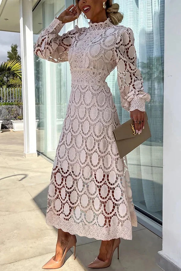 Francisca® | Romantic, sensual and elegant party midi dress with crochet lace and lantern sleeves