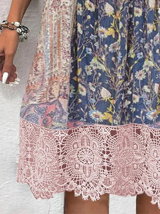 Greta | Full size printed dress with three quarter length sleeves and lace detail