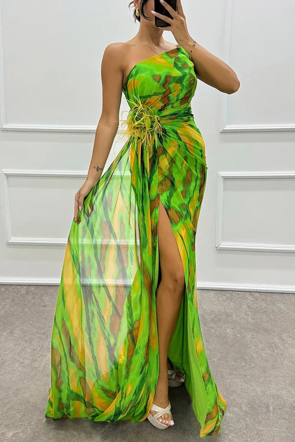Renee® | Amazing Views off shoulder pleated slit maxi dress with feather rose detail in watercolor print