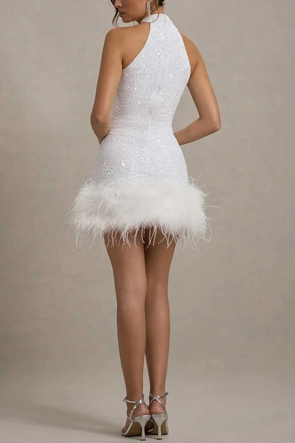 Kate® | Iridescent and playful stretch mini dress with high neck sequin trim and feather trim