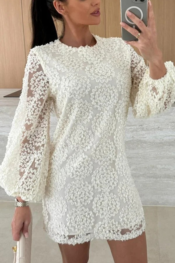Kimberly® | Loose mini dress with balloon sleeves made from lace-textured fabric