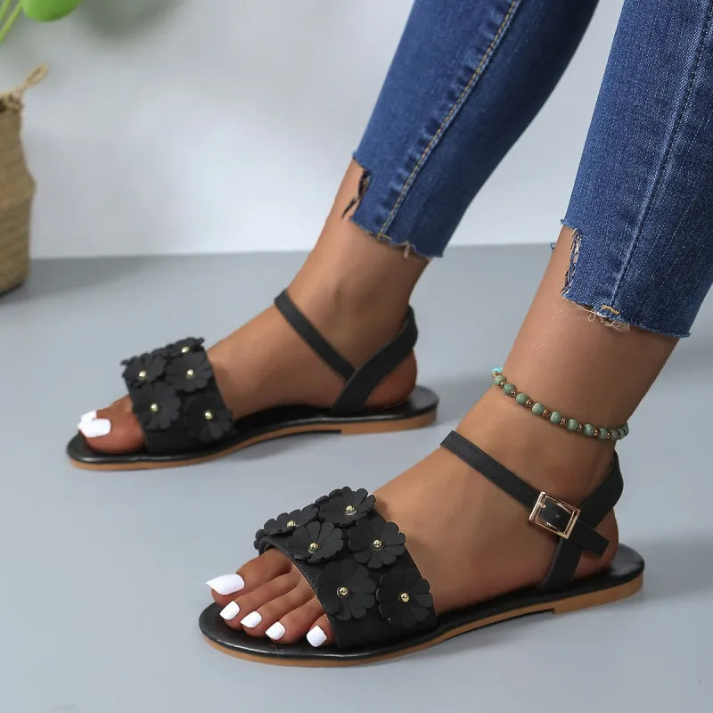 Livia | Retro Floral Flat Sandals for Women — Black