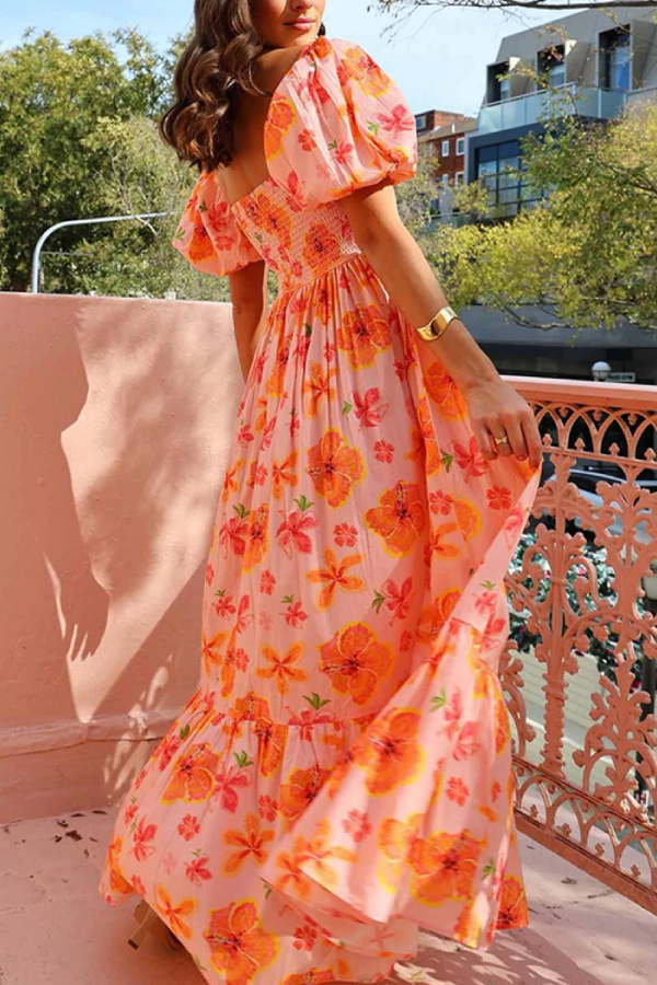 Yelena® | Printed ruched A-line dress with puff sleeves