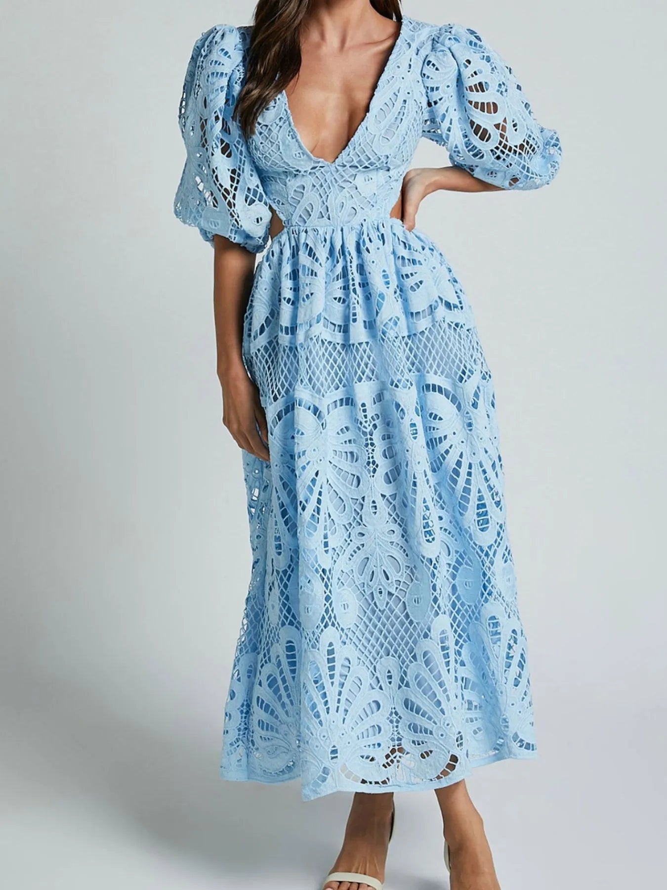 Rachele® | Elegant Long Lace Dress With V-Neck And Open Back