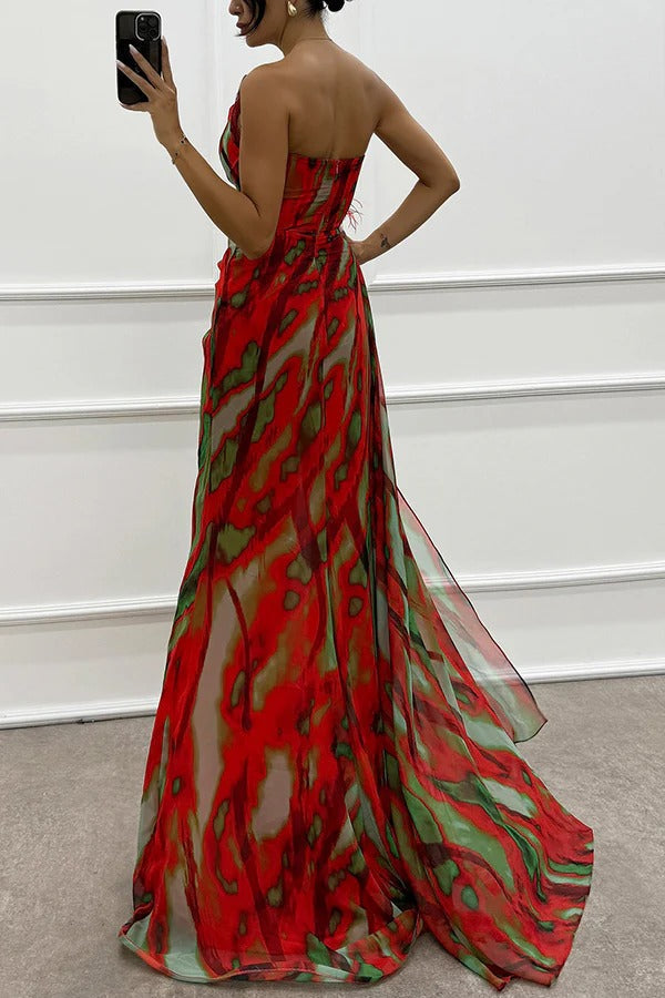 Renee® | Amazing Views off shoulder pleated slit maxi dress with feather rose detail in watercolor print