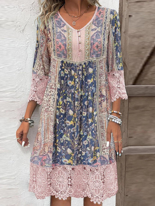 Greta | Full size printed dress with three quarter length sleeves and lace detail