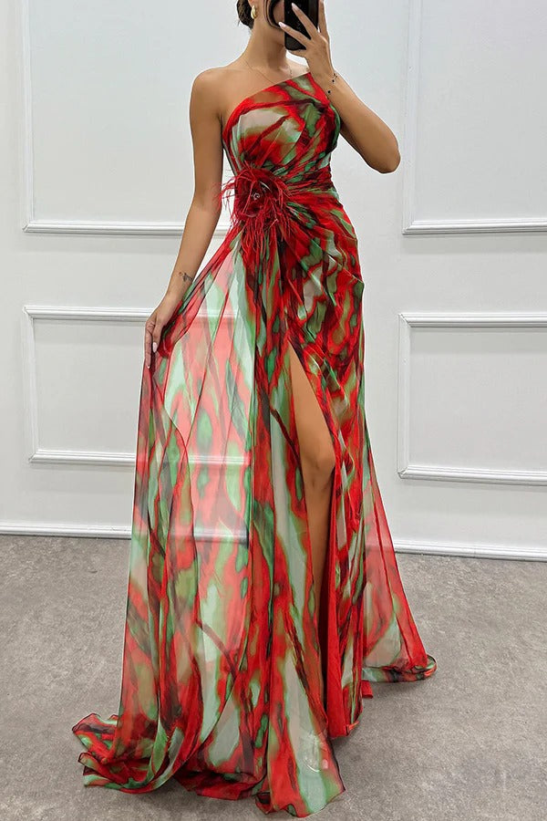 Renee® | Amazing Views off shoulder pleated slit maxi dress with feather rose detail in watercolor print
