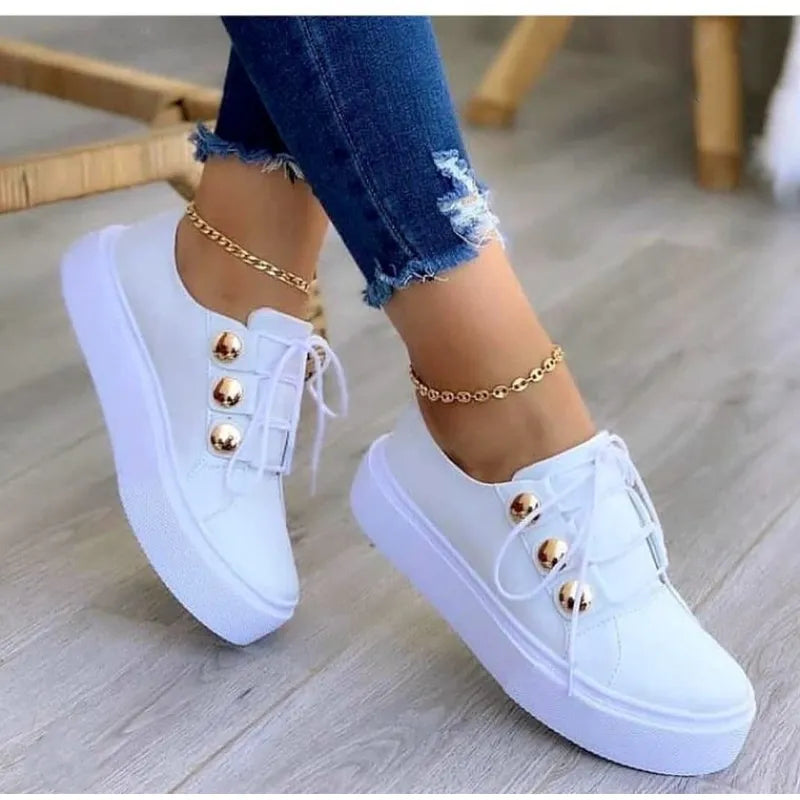 Clara | Lace-up Flats Rivet Casual Shoes — White