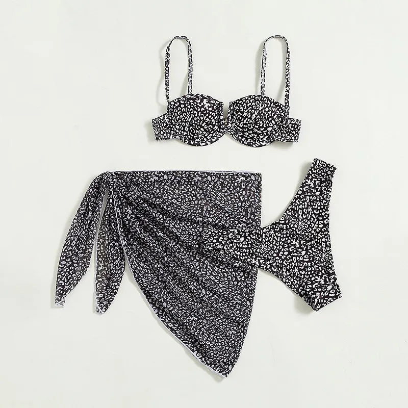 Savannah | Floral 3-Piece Bikini Set with Cover-Up Dress — Black