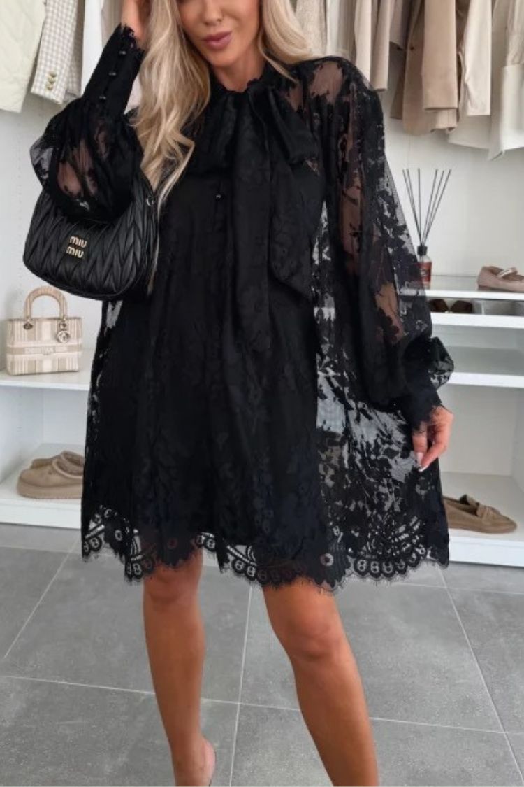 Iliana® | Night Rose A-line mini dress with lace bow and long balloon sleeves