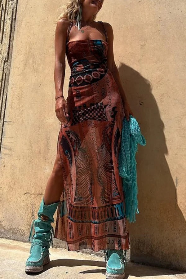 Griselda® | Midi dress with a unique gypsy style print, cowl neckline at the back, lace-up fastening and slit