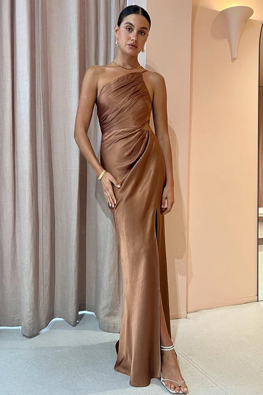 Regina® | One shoulder ruched evening dress with high slit and cami maxi dress